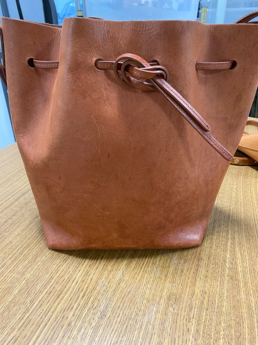 Mansur Gavriel Leather Drawstring Bucket Bag in Cognac Brown